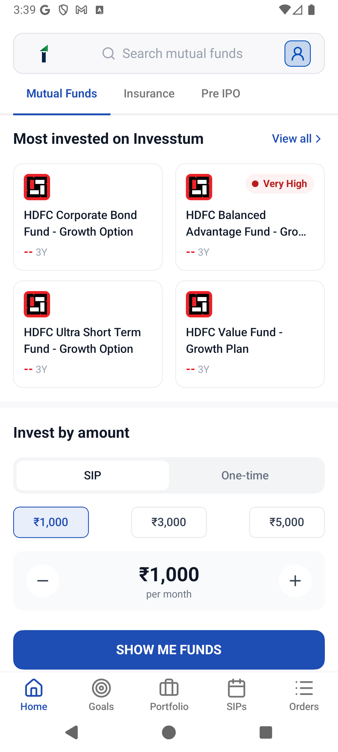 Invesstum app home screen with popular mutual funds and a SIP amount picker