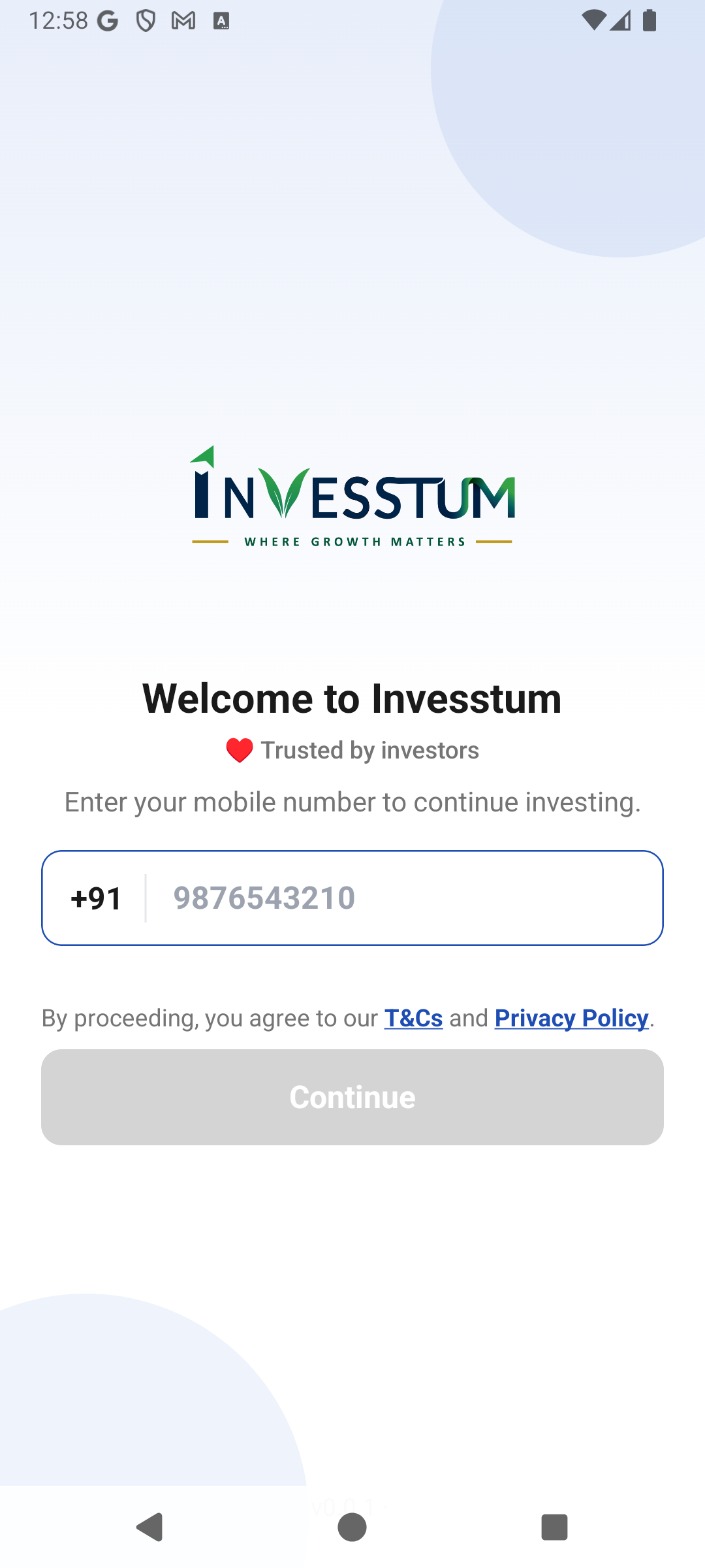 Invesstum app welcome screen with mobile number sign-in