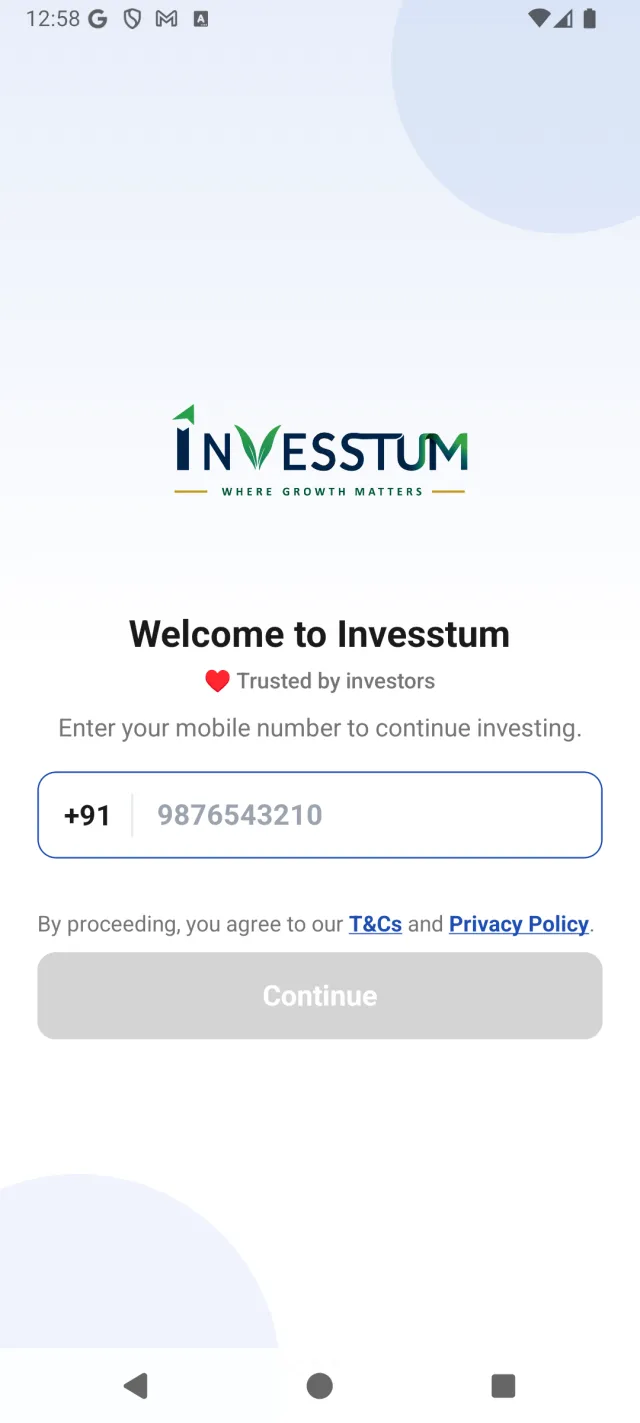 Invesstum app welcome screen with mobile number sign-in